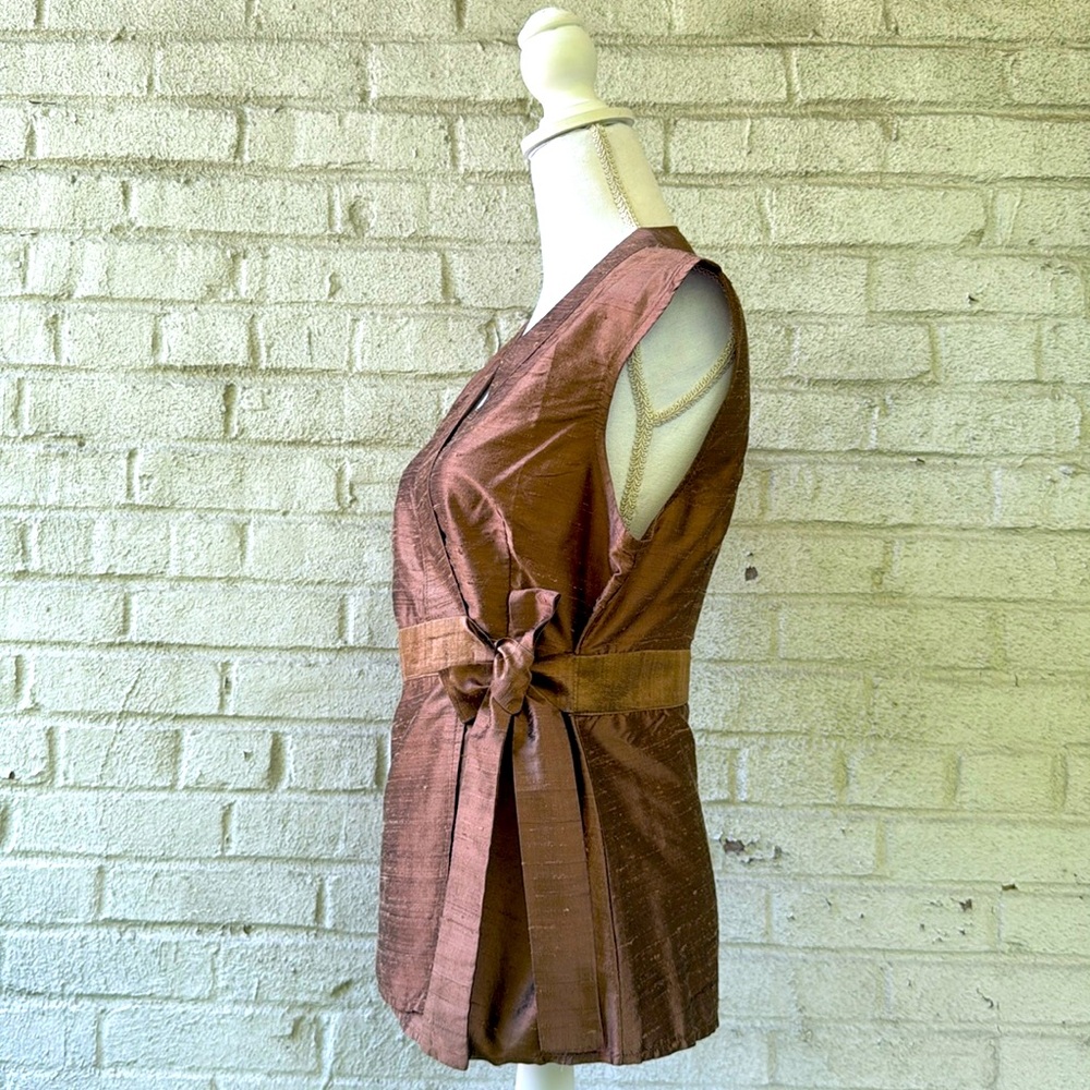 Elegant Brown Silk Sleeveless Wrap Top - Picture 2 of 6